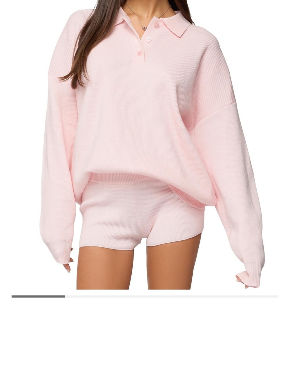 Edikted Pastel Pink Ribbed Knit Polo Lounge Set